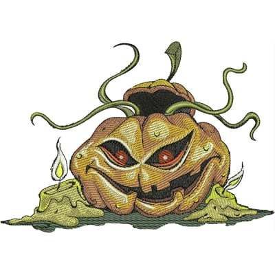 An embroidery design of a sinister-looking pumpkin with glowing eyes and twisted vines, complemented by eerie green accents.