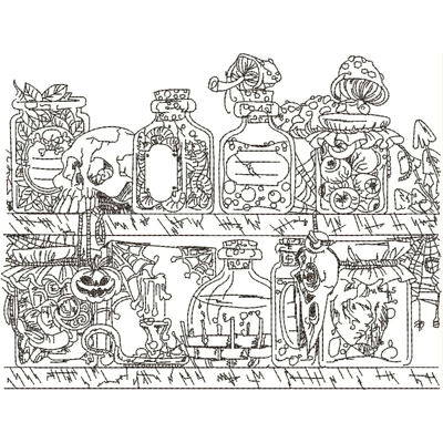 An embroidery design of whimsical potion bottles and jars, adorned with playful elements like skulls and pumpkins, capturing a mysterious, Halloween-inspired theme.