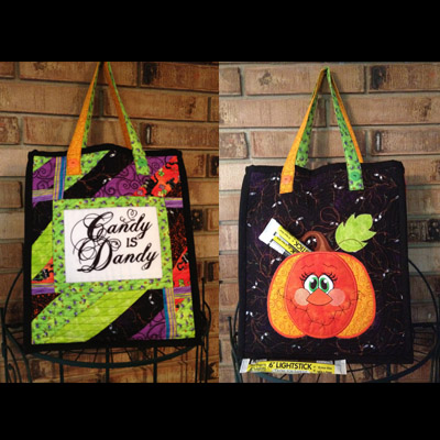 An embroidery design of a playful pumpkin with a smiling face and a leafy crown, contrasted with a vibrant, patchwork bag featuring the phrase "Candy is Dandy."
