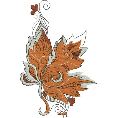 An embroidery design of an ornate autumn leaf featuring intricate swirls and shades of orange and brown.