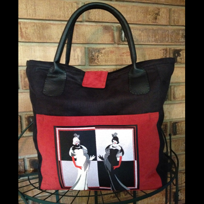 RetroTote Digital machine embroidery design "Retro Tote" in the projects - personals theme for 8x10 hoops an embroidery design of two elegantly dressed figures displayed in contrasting colors on a tote bag. from Kreations by Kara.