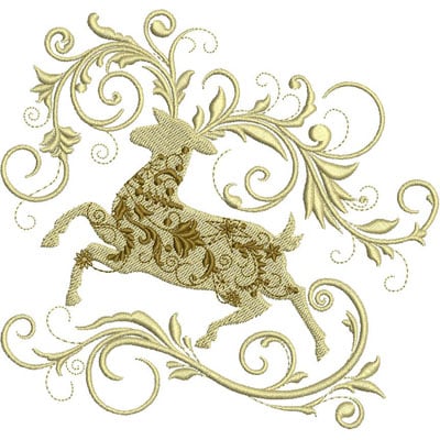 An embroidery design of a gracefully leaping deer adorned with intricate floral patterns, surrounded by elegant swirling vines.