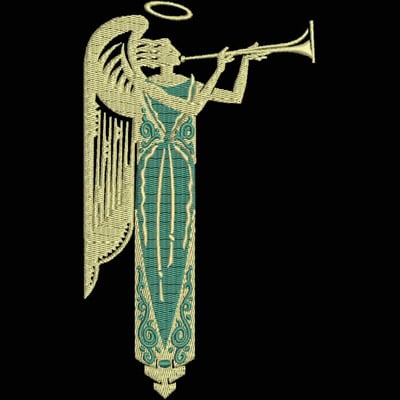 An embroidery design of an elegant angel with a halo, playing a trumpet, featuring intricate detailing in a turquoise and gold color scheme.