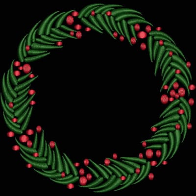 An embroidery design of a circular wreath composed of green leaves and red berries.