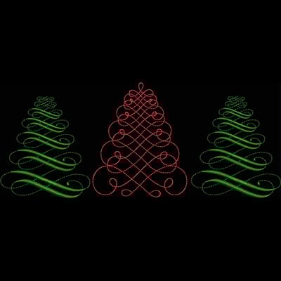 An embroidery design of ornate Christmas trees created with flowing green and red swirls.