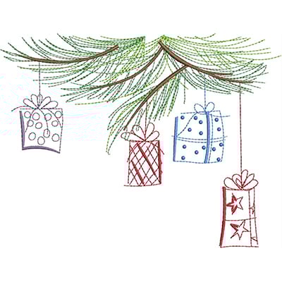 An embroidery design of colorful wrapped gifts hanging from a pine branch.