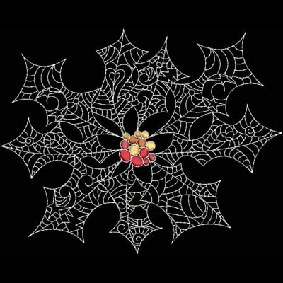 An embroidery design of intricate spiderweb patterns adorned with colorful berries at the center.