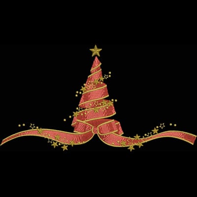 An embroidery design of a festive Christmas tree adorned with red ribbons and golden stars.