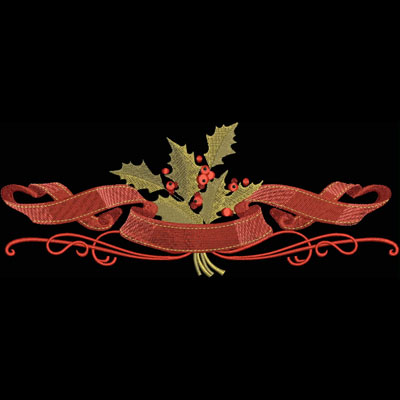 An embroidery design of holly leaves and red berries adorned with decorative ribbons.