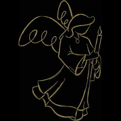 An embroidery design of an angel holding a candle, adorned with flowing robes and decorative wings.