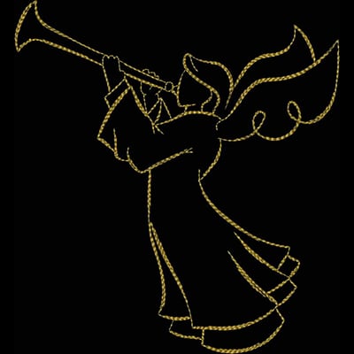 An embroidery design of an angelic figure playing a trumpet, elegantly detailed with flowing hair and garment embellishments.