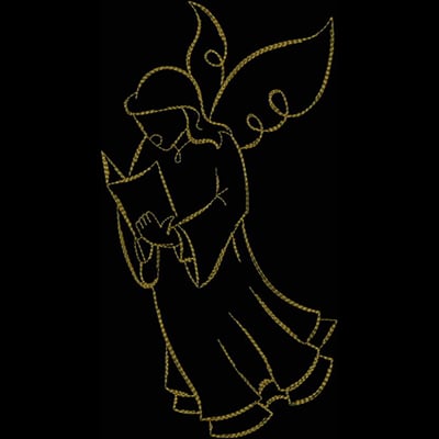 An embroidery design of an angel reading from a book, featuring delicate details and elegant wings.