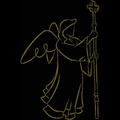 An embroidery design of an angel holding a staff, adorned with flowing robes and detailed wings.