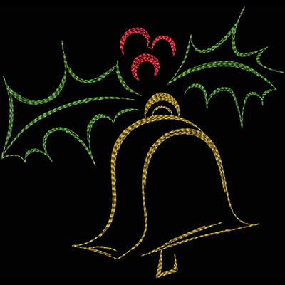 An embroidery design of a gold bell adorned with holly leaves and red berries.