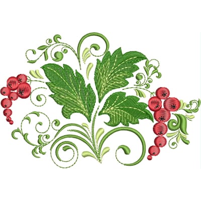 An embroidery design of vibrant red berries surrounded by lush green leaves and flowing scrolls.