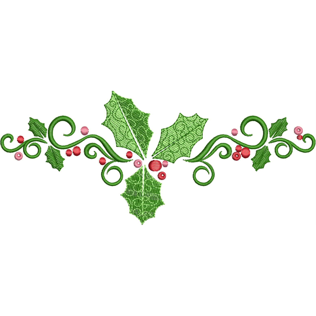 An embroidery design of holly leaves and berries intertwined with decorative swirls in shades of green and red.