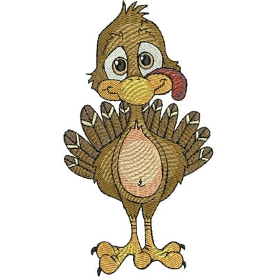 An embroidery design of a whimsical turkey with a cheerful expression, oversized features, and detailed feathers.