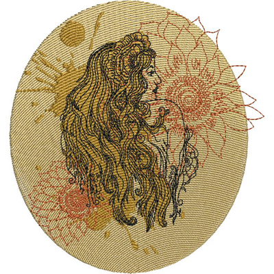 An embroidery design of a woman with flowing hair and floral elements, elegantly illustrated in a circular format.