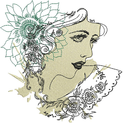 An embroidery design of a graceful woman's profile adorned with floral elements, featuring intricate line work and soft shading.