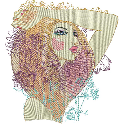 An embroidery design of a stylized woman with flowing hair adorned with flowers, showcasing vibrant colors and intricate details.