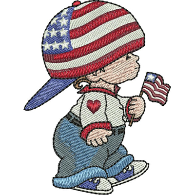 An embroidery design of a patriotic child wearing a flag-themed cap and holding a small American flag, dressed in casual attire.