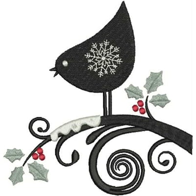 An embroidery design of a stylized black bird perched on a curvy branch, adorned with snowflake details and surrounded by holly leaves and berries.