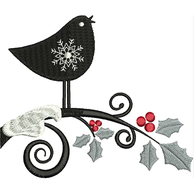 An embroidery design of a black bird perched on a swirling branch adorned with holly leaves and red berries.
