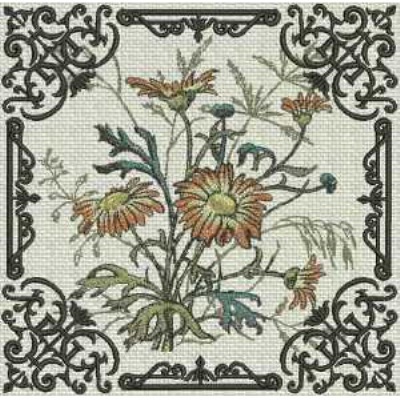 An embroidery design of vibrant flowers surrounded by intricate black ornamental borders.