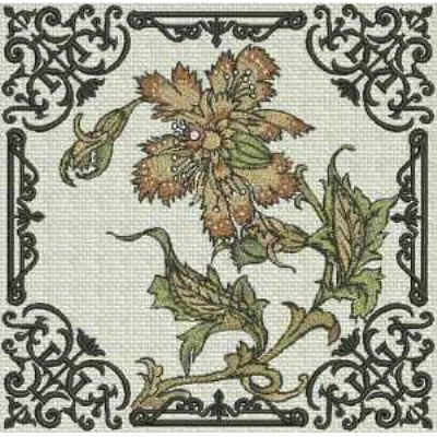 An embroidery design of a delicate floral motif featuring intricate leaves and blossoms, beautifully surrounded by ornate black borders.