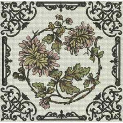 An embroidery design of intricately detailed chrysanthemums surrounded by decorative floral motifs.
