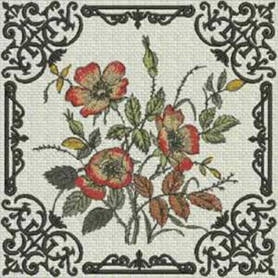 An embroidery design of vibrant red flowers with green leaves, elegantly framed by intricate black ornate patterns.