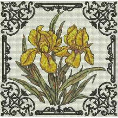 An embroidery design of two vibrant yellow irises surrounded by an ornate black border.