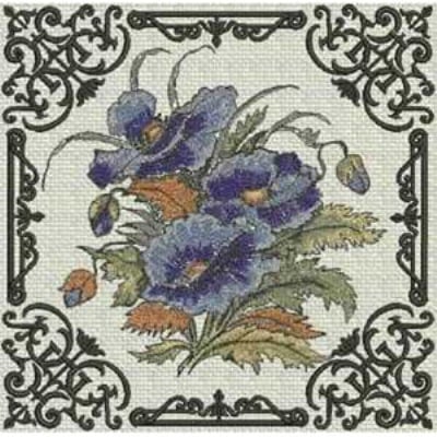An embroidery design of vibrant blue flowers with intricate black detailing around the edges.