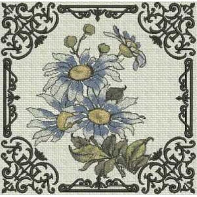 An embroidery design of delicate blue flowers with yellow centers, framed elegantly by intricate black floral patterns.
