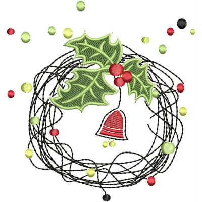 An embroidery design of a festive holly sprig and a red bell, surrounded by a circular arrangement of colorful dots and swirls.