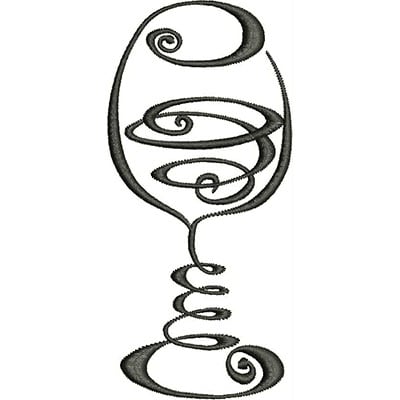 An embroidery design of a stylized wine glass featuring elegant swirling lines and curls.