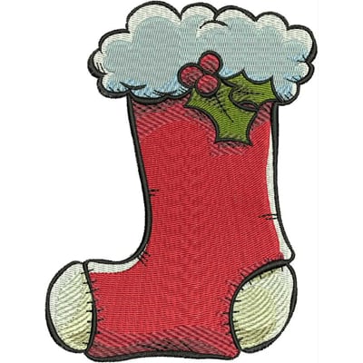 An embroidery design of a festive Christmas stocking adorned with white fluffy trim and holly leaves featuring red berries.