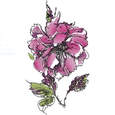 An embroidery design of a vibrant pink flower with detailed petals and green leaves.