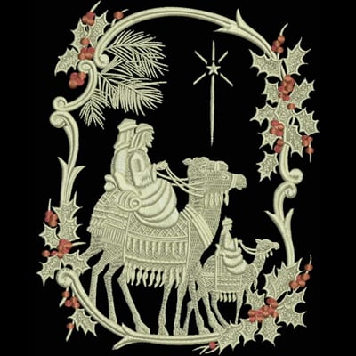 An embroidery design of two riders on camels, framed by holly and pine elements.