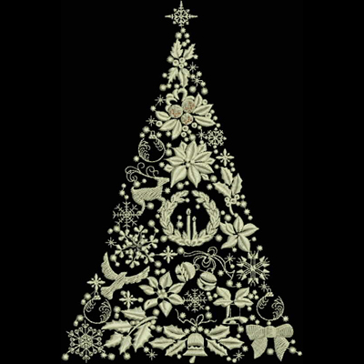 An embroidery design of a decorative Christmas tree composed of various festive elements like flowers, snowflakes, and ornaments.