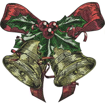 An embroidery design of two golden bells adorned with holly leaves and a red ribbon bow.