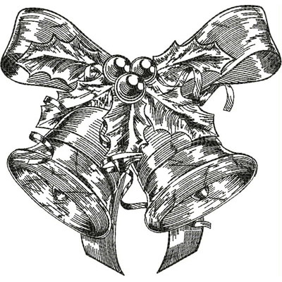 An embroidery design of two decorative bells adorned with a festive bow and holly leaves.