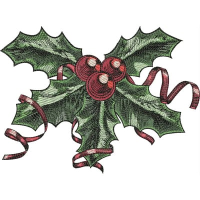 An embroidery design of holly leaves adorned with red berries and curling ribbons.