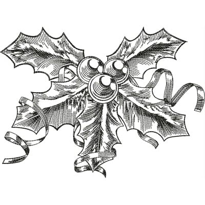 An embroidery design of holly leaves adorned with three mistletoe berries and a curling ribbon.