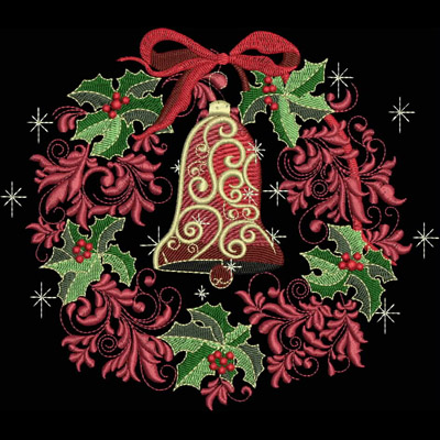An embroidery design of a festive bell surrounded by a beautifully detailed wreath of holly and swirls, finished with a vibrant red bow.