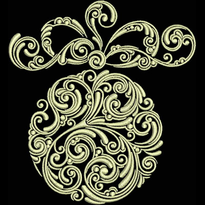 An embroidery design of an ornate, swirling floral pattern shaped like a decorative pouch.