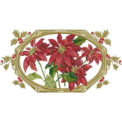 An embroidery design of vibrant red poinsettias surrounded by decorative holly leaves and berries.