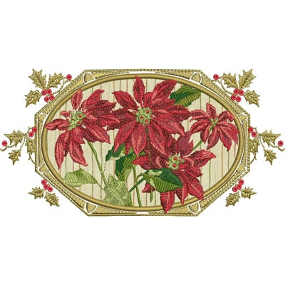 An embroidery design of vibrant red poinsettias surrounded by green leaves and holly accents.
