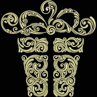 An embroidery design of an ornate gift box adorned with intricate swirls and a decorative bow.
