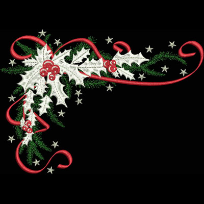 An embroidery design of festive holly leaves adorned with vibrant red berries and flowing ribbons.
